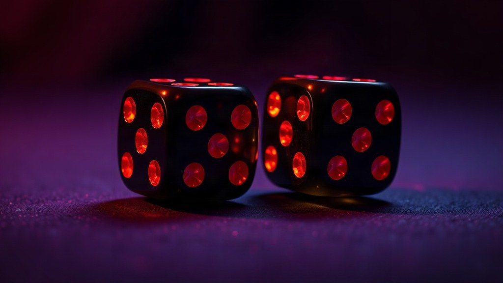 Two glowing emerald crypto casino dice on a dark reflective table