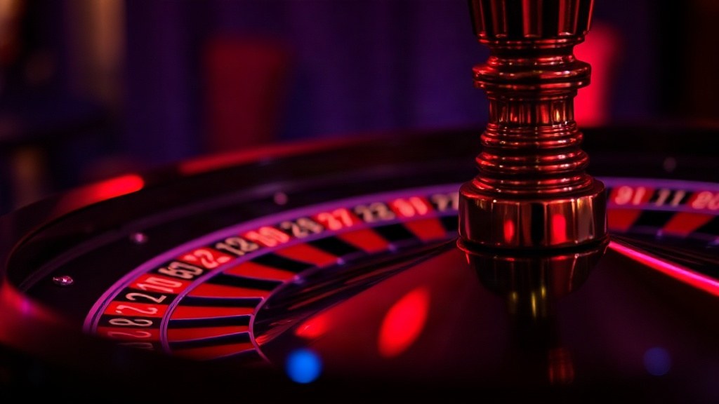 Roulette wheel and ball on dark casino felt